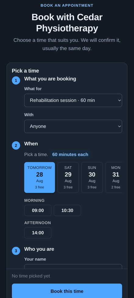 The booking page a patient sees on a phone: the days with room in them, the free times on the day they picked, and one button to ask for it.