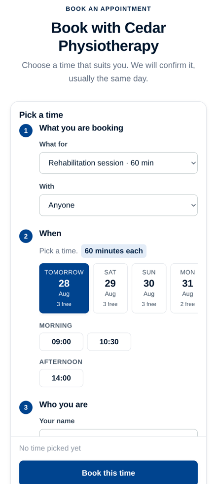 The booking page a patient sees on a phone: the days with room in them, the free times on the day they picked, and one button to ask for it.