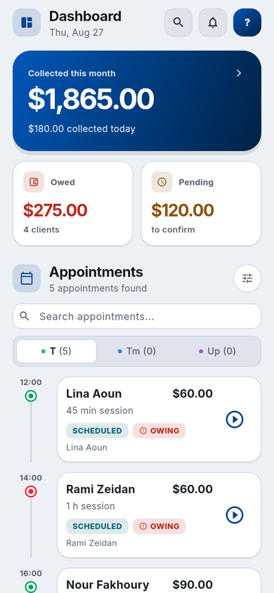 The day at a glance on a phone: what was collected this month, what is owed, and the sessions still to come today.