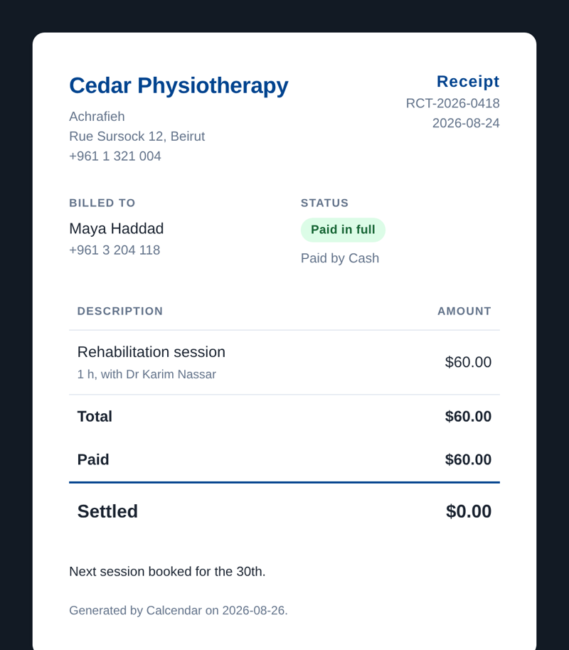 A receipt: the practice and the patient at the top, the session and its price, and the balance settled at the bottom.