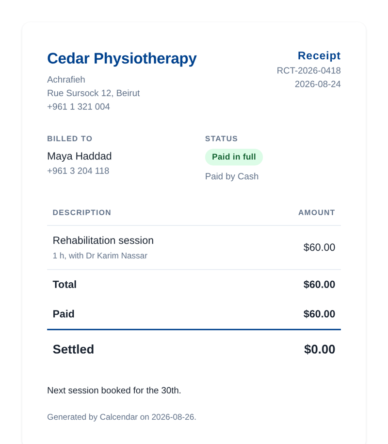 A receipt: the practice and the patient at the top, the session and its price, and the balance settled at the bottom.